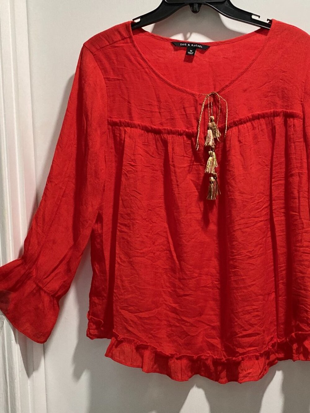 Zac & Rachel Red Oversized Ruffles Flowy Sheer Tassels Fairy Boho Blouse Top M